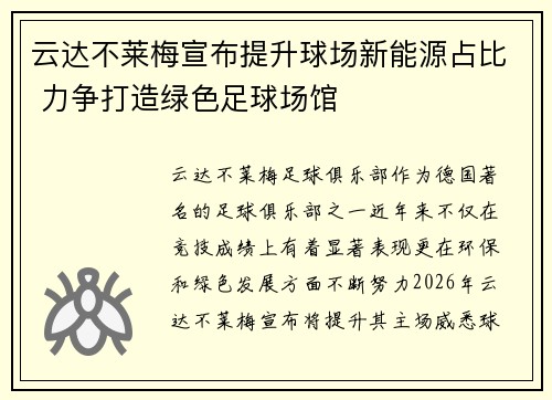 云达不莱梅宣布提升球场新能源占比 力争打造绿色足球场馆