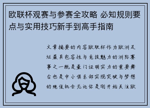 欧联杯观赛与参赛全攻略 必知规则要点与实用技巧新手到高手指南