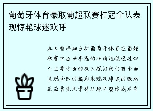 葡萄牙体育豪取葡超联赛桂冠全队表现惊艳球迷欢呼 葡萄牙体育豪取葡超联赛桂冠全队表现惊艳球迷欢呼